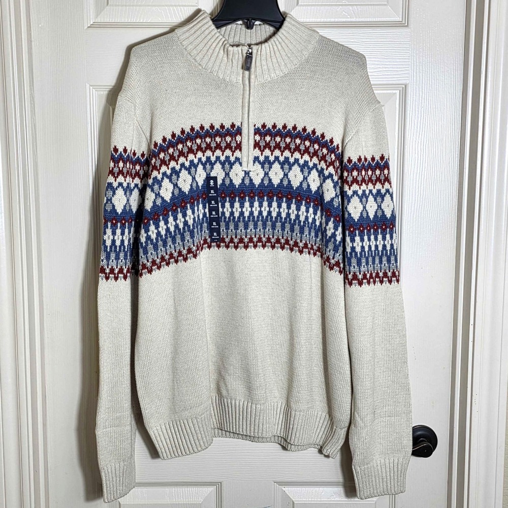 Izod Fair Isle Quarter 1/4 Zip Pullover Knit Sweater Mens Size XL Cream Xmas NWT